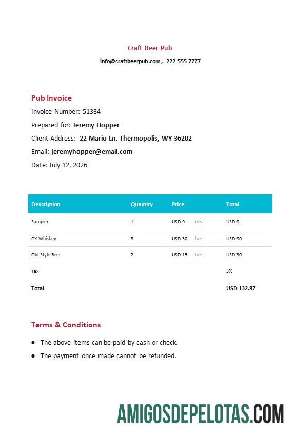 imprimível Modelo de fatura de pub grátis